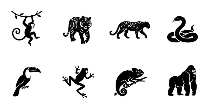 70 Jungle Wildlife Silhouette Icons: Monkey, Tiger, Panther, Snake, Toucan, Frog, Chameleon, Gorilla, Vector Art Collection 100