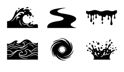 Fototapeta premium 70 Set of 6 Black Water Icons: Waves, River, Drips, Splash, and Swirl, Vector Graphics for Nature and Liquid Concepts 100