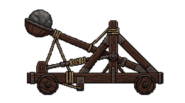 Medieval wooden catapult siege engine weapon with stone projectile pixel art illustration.