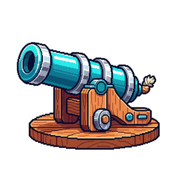 Pixel art illustration of a vintage pirate cannon on a wooden carriage.