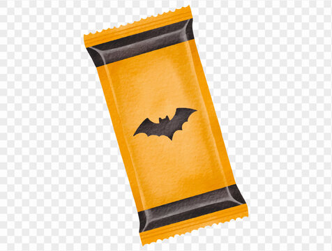 Orange candy wrapper with bat symbol, watercolor Halloween sweet illustration Vector.