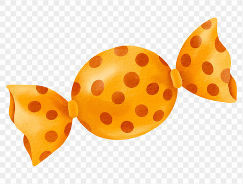 Orange polka dot wrapped candy, cute watercolor Halloween element Vector.