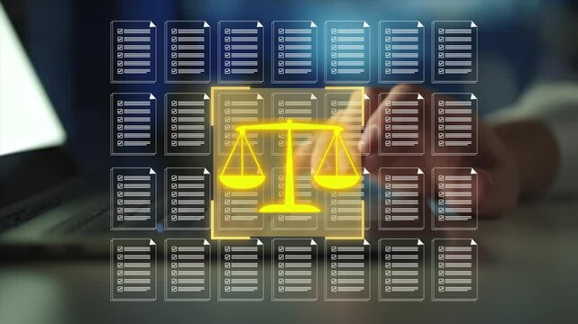 Legal compliance document review uses digital checklists and balanced justice scales. Contract auditing, regulatory analysis, risk management, and secure legal workflow.