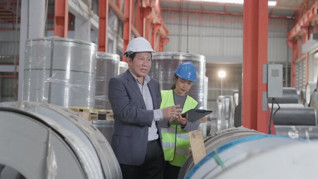 Asian senior business man owner with woman warehouse worker looking data inventory report metal sheet material in storage at manufacturing factory