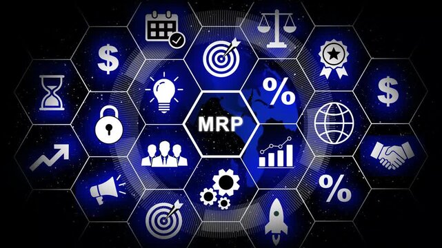 Dynamic mrp requirements planning concept with digital hexagonal infographic interface, business strategy global supply chain management, industrial production optimization, and data analytics