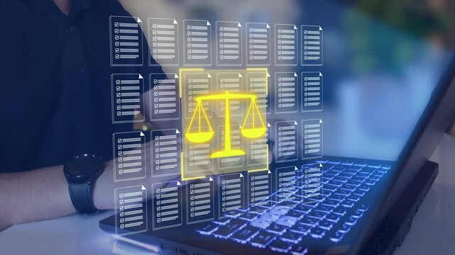 Legal compliance document review uses digital checklists and balanced justice scales. Contract auditing, regulatory analysis, risk management, and secure legal workflow.