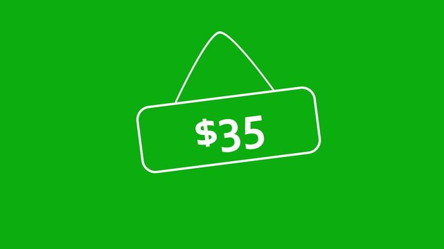 Price tag animation showing thirty five dollars on green screen