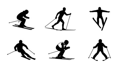 Naklejka premium 70 Skiing Silhouettes Collection: Dynamic Winter Sports Action Poses, Alpine Snow Activity Icons, Vector Graphics for Outdoor Recreation and Athlete Illustration 100
