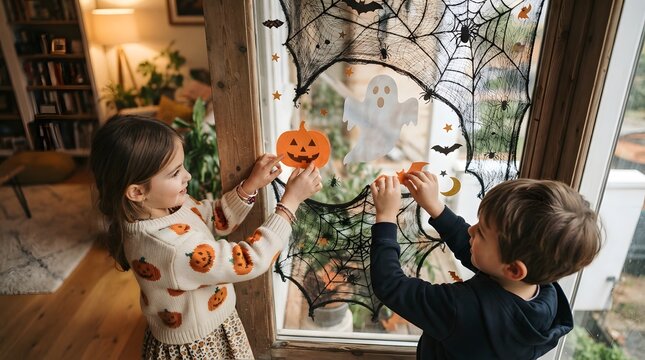 Children eagerly decorate a doorway with halloween spiderwebs and festive fall foliage for trick or treating