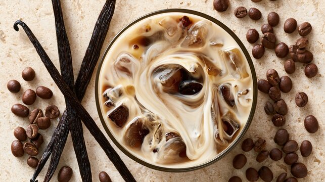 A vanilla iced coffee flat lay featuring vanilla pods, cream swirls, and coffee beans arranged harmoniously on pale stone