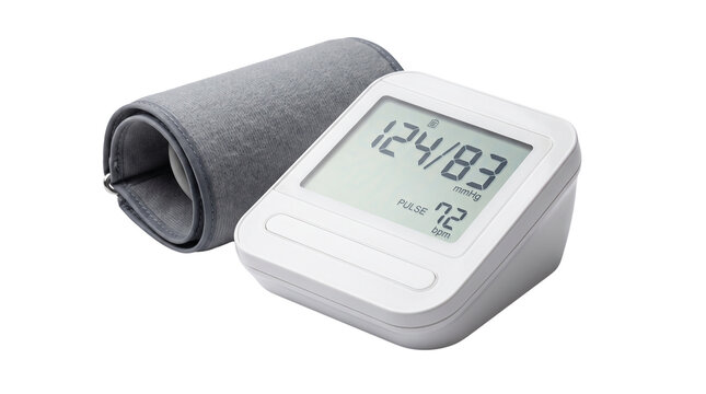 Digital Blood Pressure Monitor: A modern digital blood pressure monitor with a clear display showing readings of 124/83 mmHg and pulse 72 bpm, alongside its cuff, lies ready for use.