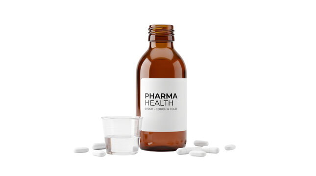 Medicine Bottle and Pills: A glass amber medicine bottle with a white label stands next to a measuring cup filled with liquid and surrounded by scattered white pills, suggesting treatment and care.