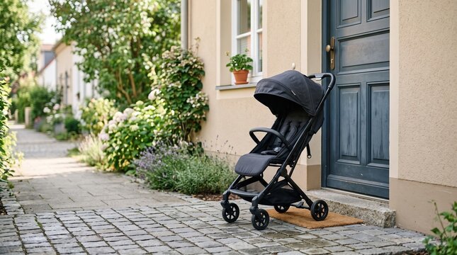 Modern baby stroller at home entrance