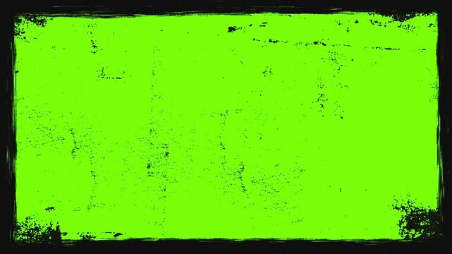 Grunge distress texture frame overlay motion video. Heavy black border with scratches and spray paint splatters on green screen for urban video effect and layout design.