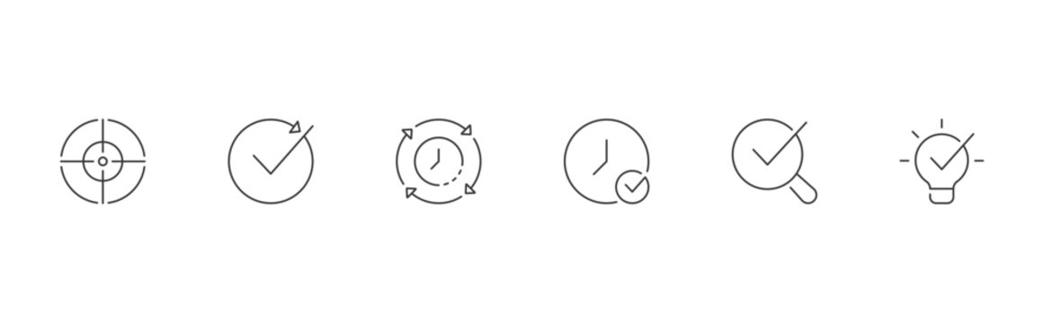 Data Quality Dimension icon set containing accuracy, completeness, consistency, timeliness, validity and uniqueness. simple line and transparent background