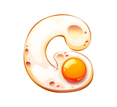Cartoon cooked egg breakfast English alphabet type, font letter G. Egg breakfast kids ABC typeface font symbol, yolk and white typeset vector element. Fried omelette English alphabet letter