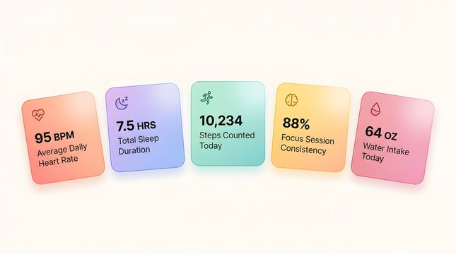 Health and fitness tracking dashboard cards with statistics icons data