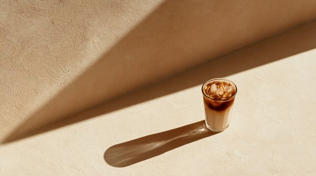 An ultra-minimal flat lay featuring a single iced coffee placed on a vast cream-colored stucco surface with dramatic architectural shadows and extensive negative space