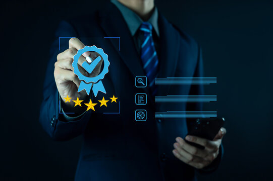 Businessman with digital certification badge five stars, symbolizing quality assurance, standard approval, business excellence, compliance, service rating, customer trust, professional certification.