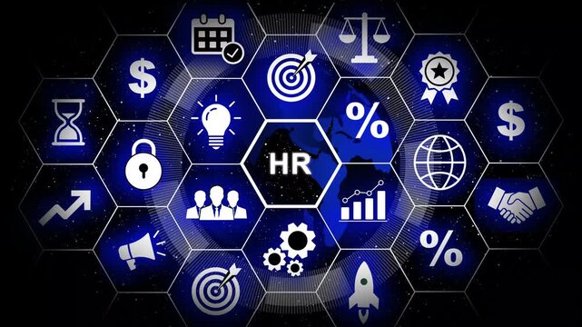 Dynamic human resources hr management concept featuring digital hexagonal interface with global business corporate strategy symbols, networking and data analytics infographics