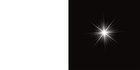 Set of glowing four pointed star light effects isolated on black and white background for design elements © MdMubarak