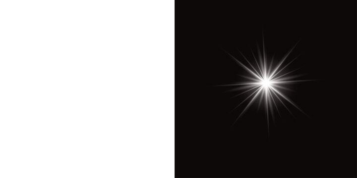 Set of glowing four pointed star light effects isolated on black and white background for design elements