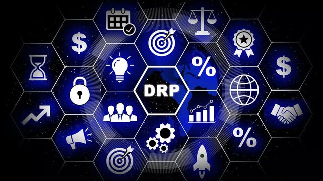 Drp disaster recovery plan concept with digital hexagon infographic featuring global network connectivity, financial growth, strategic planning, and corporate security solutions for modern business