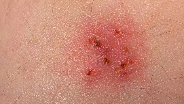 Macro shot of skin inflammation rash with red blisters and scabs