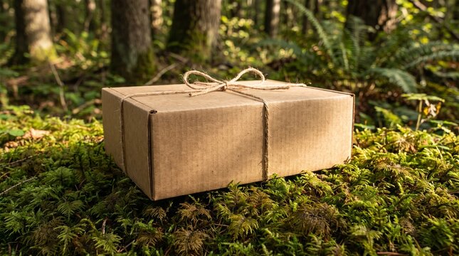 Eco-friendly cardboard gift box with twine on green forest moss