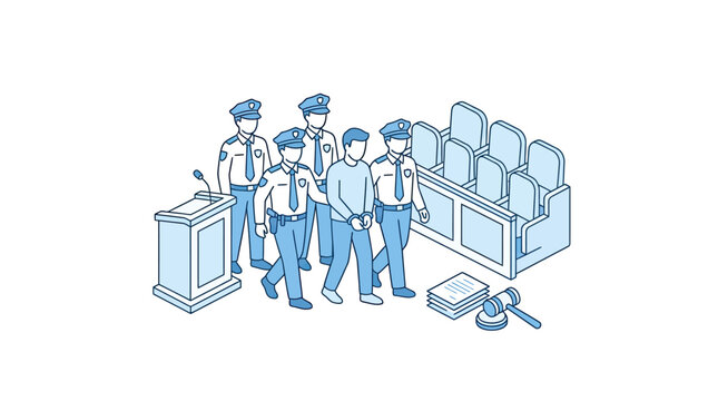 Minimalist Blue Line Drawing of Courtroom Scene with Police Officers Escorting a Suspect and Judge s Bench