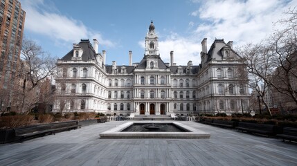 Fototapeta premium Historic City Hall Building with Fountain and Clear Blue Sky