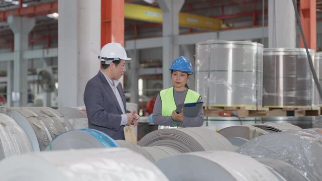 Asian senior business man owner with woman warehouse worker looking data inventory report metal sheet material in storage at manufacturing factory