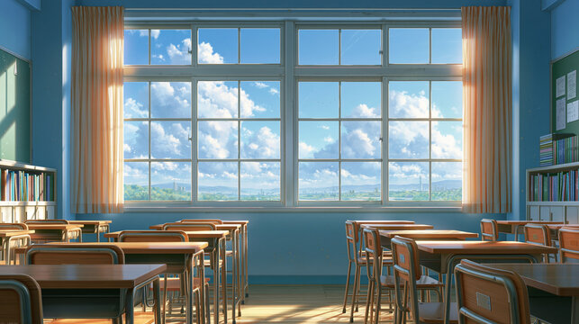 Peaceful school classroom facing a bright panoramic window