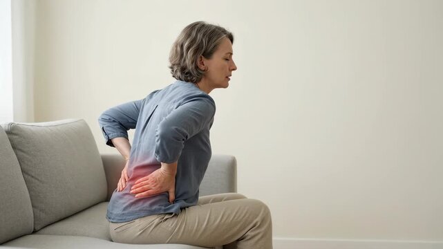Senior woman sitting on sofa and holding her painful lower back