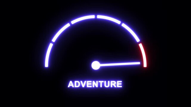 Neon glowing adventure speedometer gauge animation featuring a dynamic moving needle indicator rising to maximum capacity on a dark background, for energy travel, and extreme sports