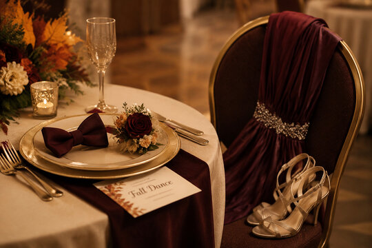 Formal dinner place setting with corsage, bow tie, high heels and dress, fall dance preparation concept