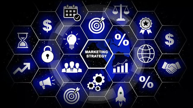 Digital marketing strategy infographic animation featuring global business financial growth charts, target audience analytics, and corporate success symbols in a high-tech hexagonal network interface