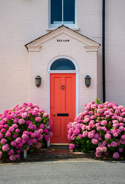 A coral-orange front door named "Sea View" sits framed by an arched fanlight and flanked by lush pink hydrangea bushes on a house along Southwold's seafront, Suffolk.