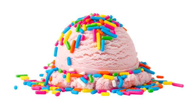 A delightful scoop of pink strawberry ice cream generously covered with colorful sprinkles isolated on transparent background