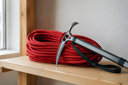 Red climbing rope and ice axe on shelf, outdoor adventure and preparedness concept