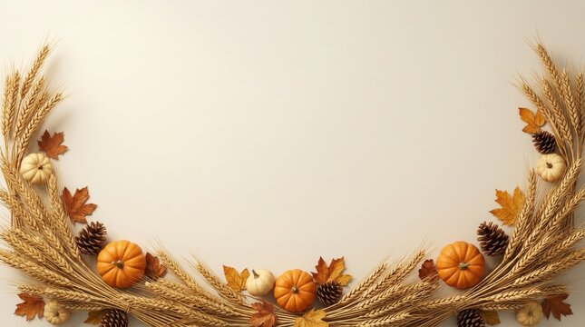 Autumn harvest border with orange pumpkins wheat stalks and fall leaves