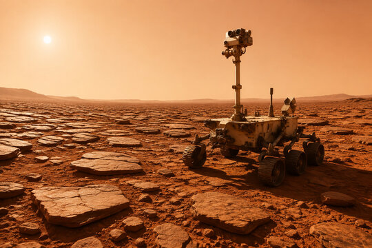 Six-wheeled rover on Martian soil with rocky terrain, planetary exploration concept