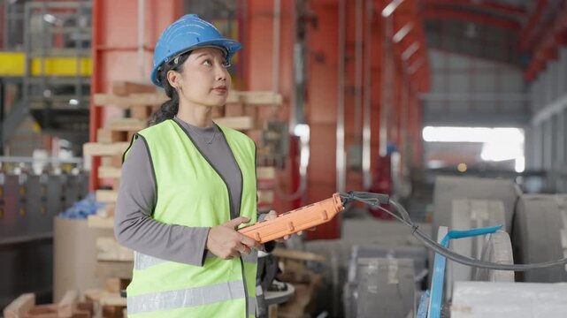 Asian female worker wearing blue hardhat holding crane pendant controller inside factory, professional woman operating overhead hoist industrial manufacturing plant