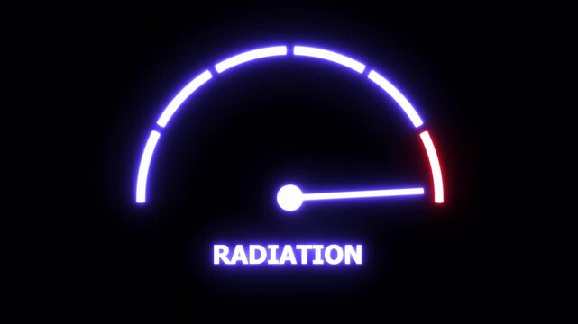 Neon glowing radiation hazard gauge meter animation with rising danger levels and warning indicator needle moving across a digital scale for scientific, industrial, and nuclear safety monitoring