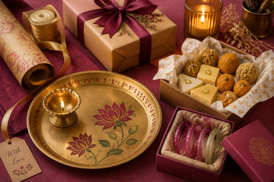 Decorated thali, brass diya, bangles, and wrapped sweets for Diwali gift giving and festive celebration