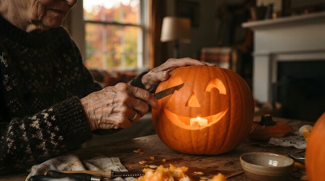 Cozy halloween scene a warmly lit jack o' lantern and autumn decorations prepare for spooky season