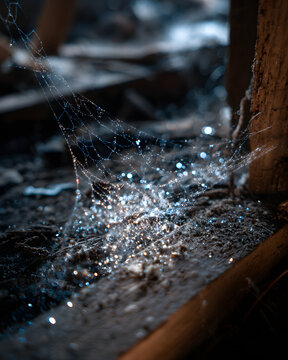 Magical close-up of a delicate spiderweb covered in glistening water droplets, shining with bright bokeh light in a dark, rustic wooden attic.