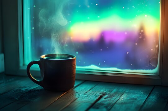 Hot cup of steaming coffee on a wooden windowsill against a window with beautiful northern lights sky