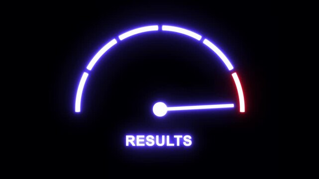 Dynamic neon gauge meter visualizing performance results and success metrics with glowing blue and red indicator needle for business analytics, data growth, marketing optimization, and kpi tracking