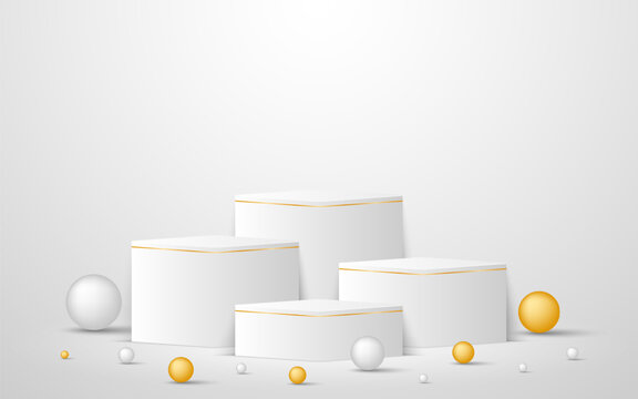 Multi-tiered white podium with elegant gold lines with white and gold balls around it for displaying advertisements. Exhibit cosmetic products. Stage or podium. Vector illustration